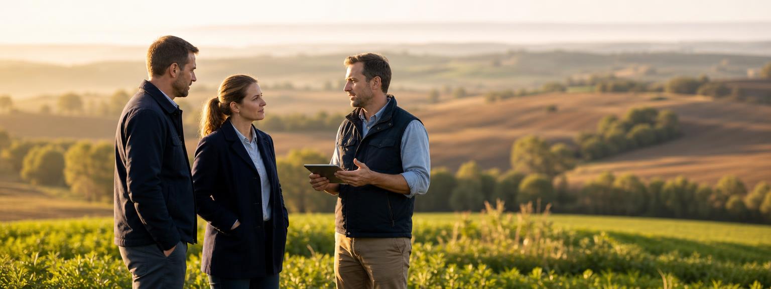 Agriculture professionals meeting at the edge of a field