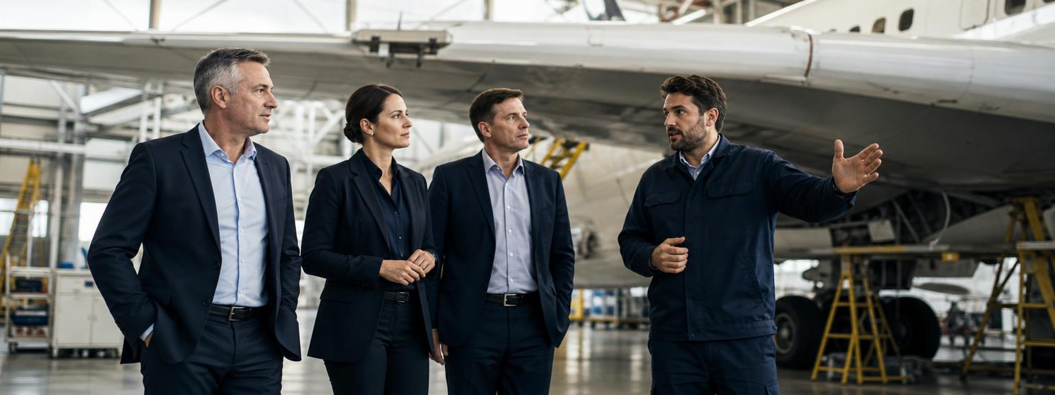 Aviation industry professionals touring an aircraft hangar
