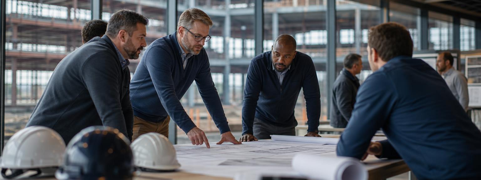 Construction and facilities professionals reviewing plans on site