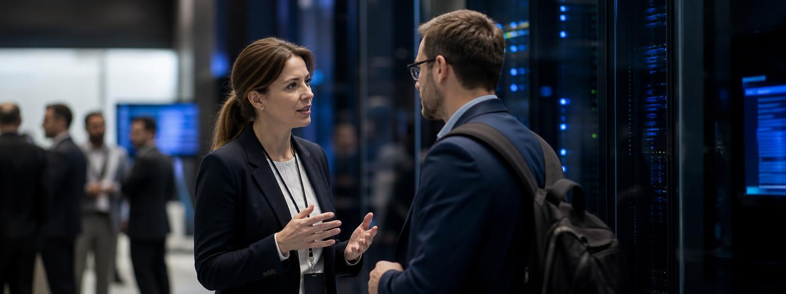 Cybersecurity professionals talking at an industry conference