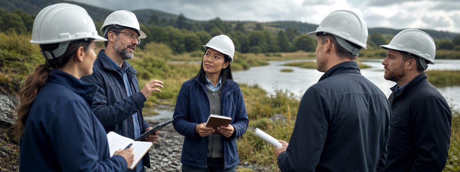 Environmental services professionals meeting on a project site