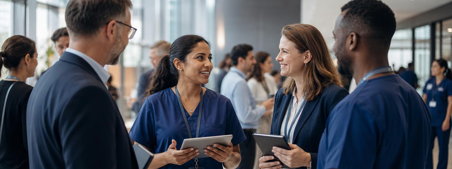 Health and medical professionals networking at a conference