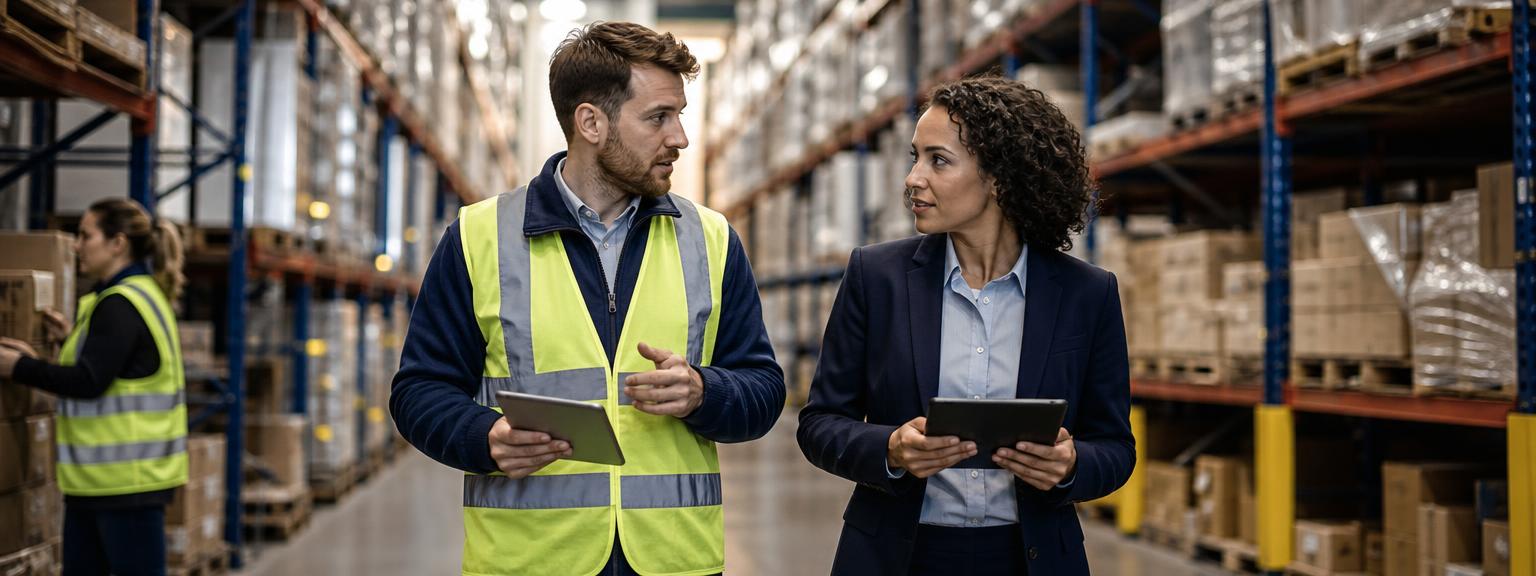 Logistics professionals walking a distribution warehouse