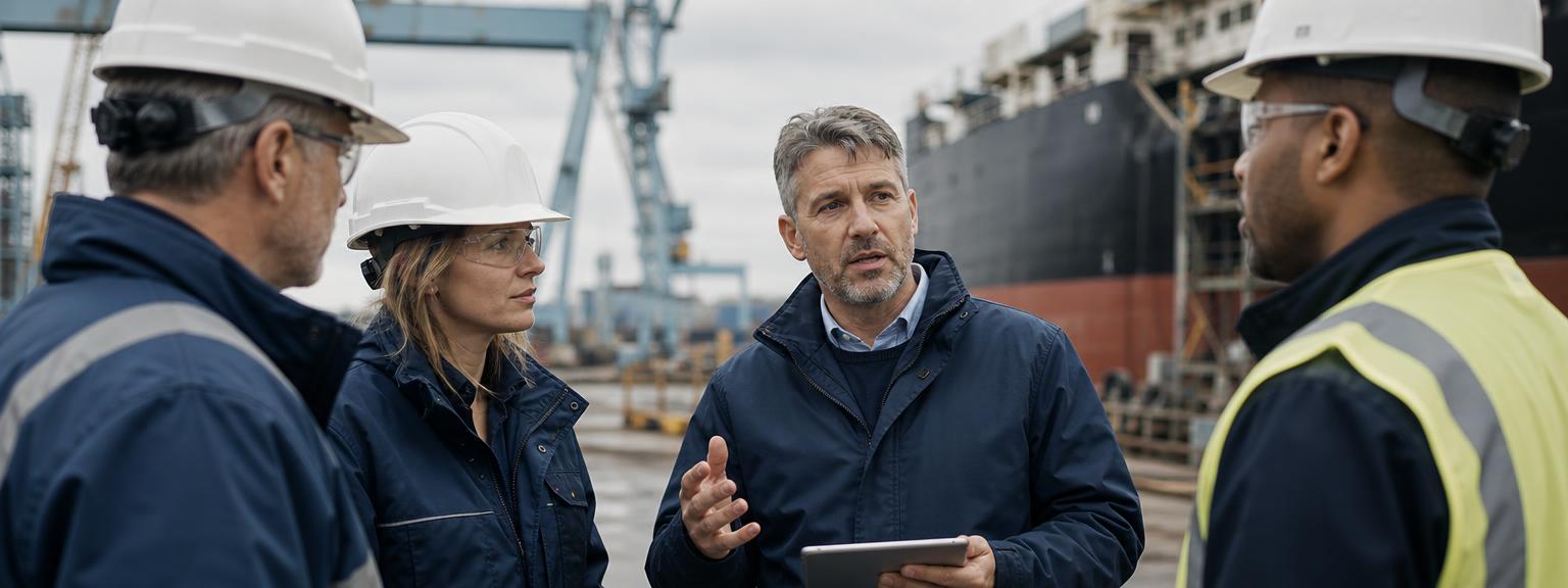 Maritime and shipbuilding professionals meeting at a shipyard