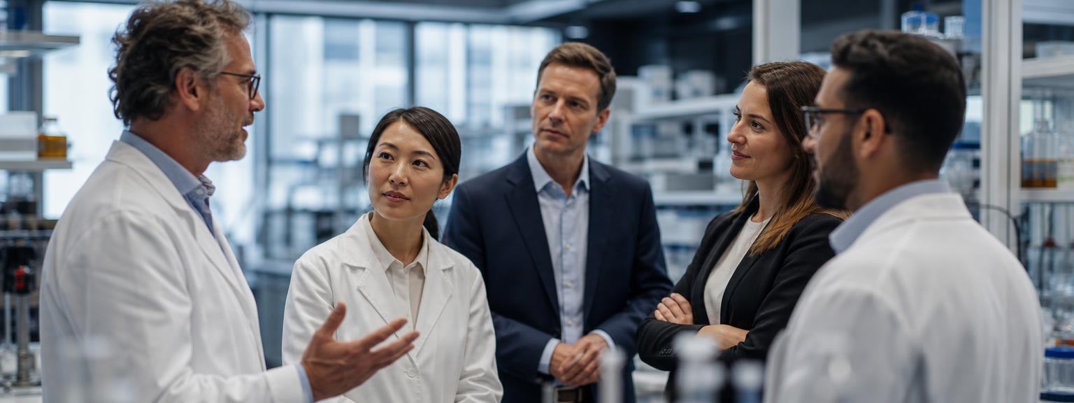 Researchers and business visitors talking in a laboratory